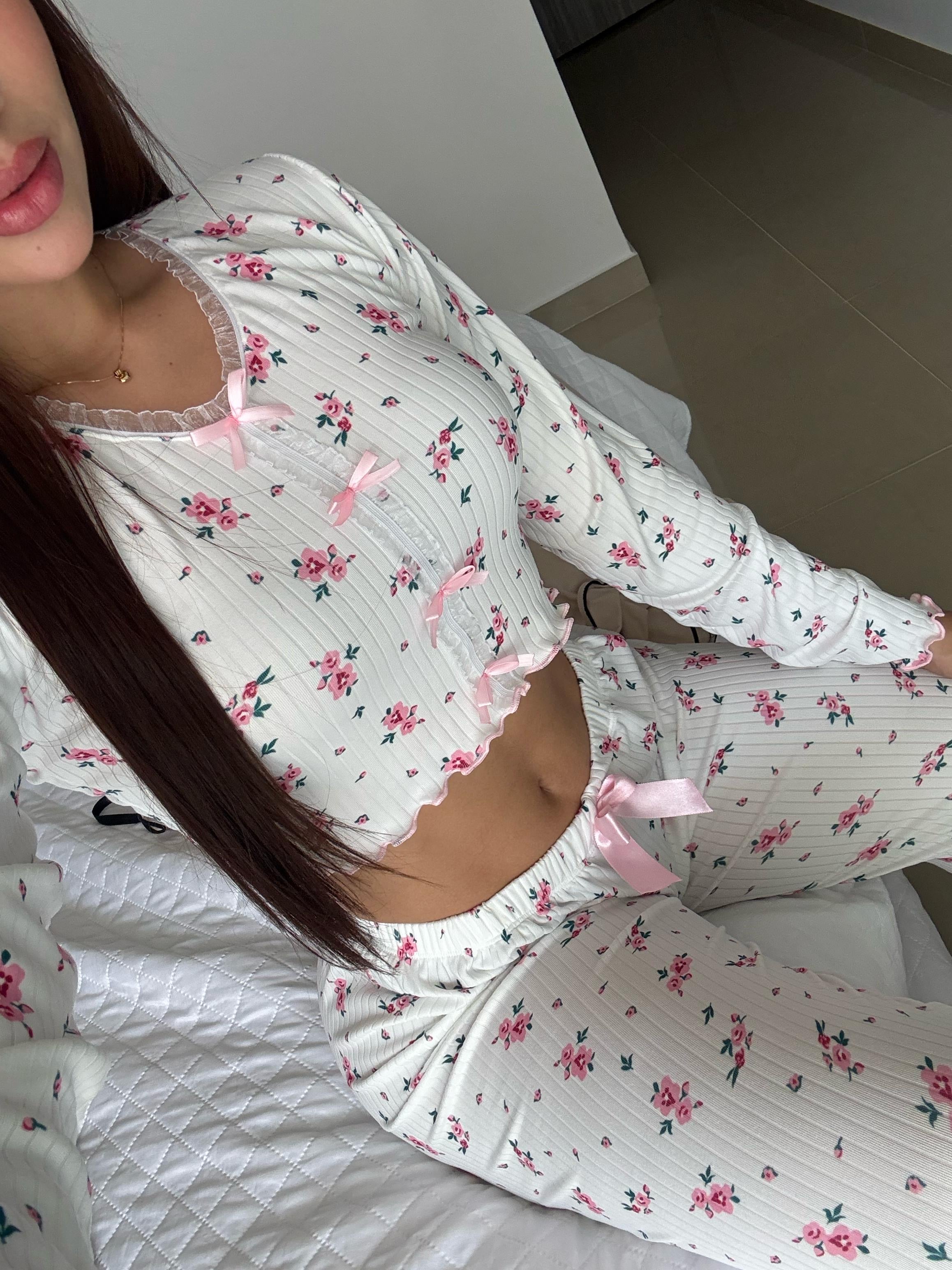 PIJAMA MANGA LARGA PANTALON - FLORES RIB