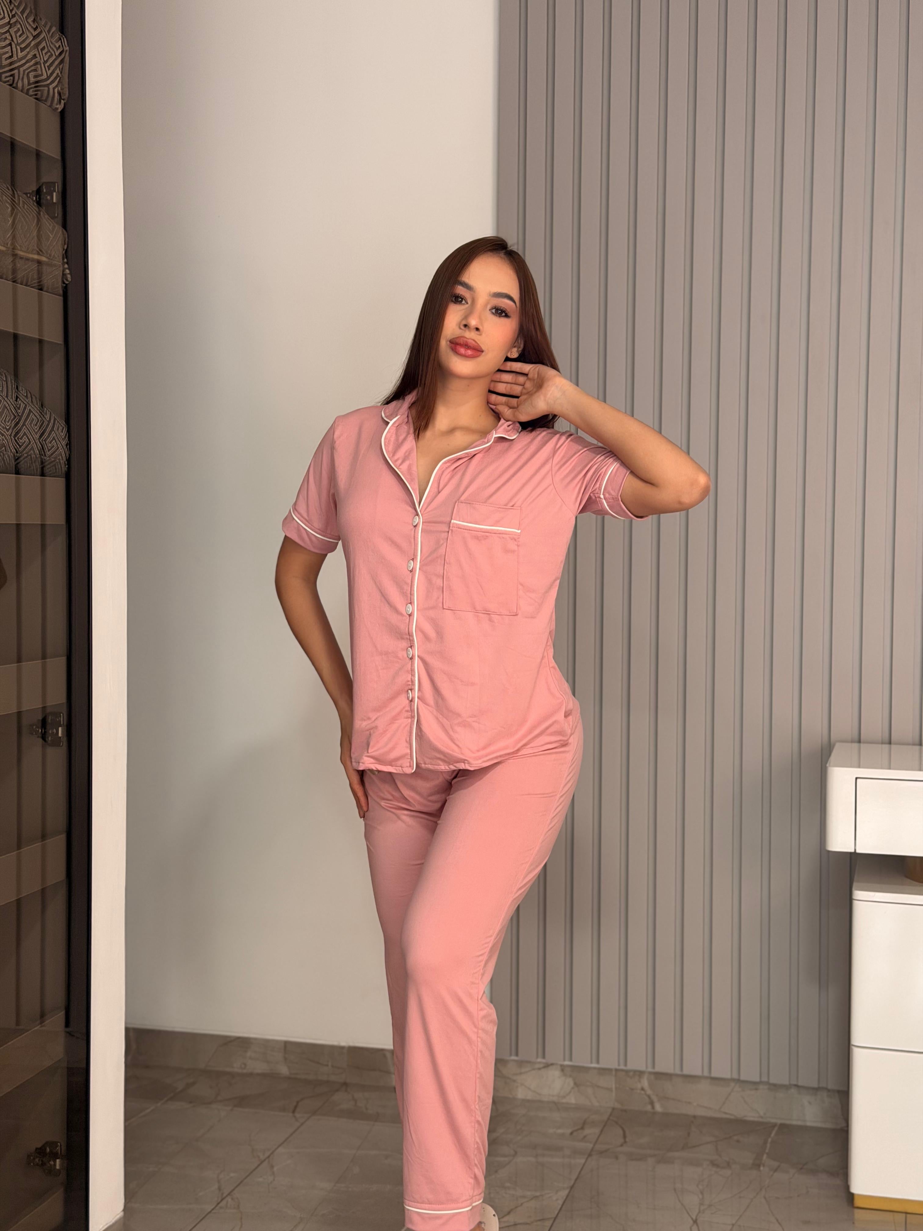 PIJAMA DE BOTONES PANTALON - PALO ROSA
